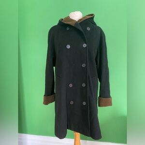 Halston Lifestyle Black Double-Breasted Coat with brown velvet hood lining 6 USA